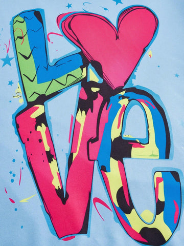 H-Style O-Neck Casual Knitted Short Sleeve Set With Heat Transfer Print And Heart Pattern