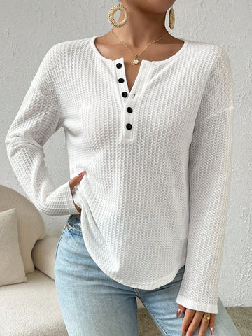 Half Button Waffle Knit Drop Shoulder Curved Hem Tee