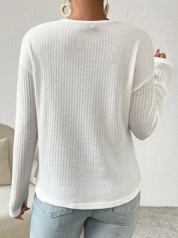 Half Button Waffle Knit Drop Shoulder Curved Hem Tee