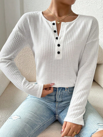 Half Button Waffle Knit Drop Shoulder Curved Hem Tee