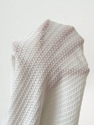 Half Button Waffle Knit Drop Shoulder Curved Hem Tee