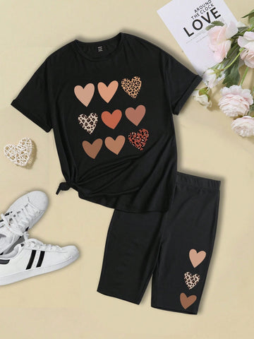 Heart Pattern Parent-Child Outfits Casual Loose Fit Round Neck Short Sleeve T-Shirt For Summer