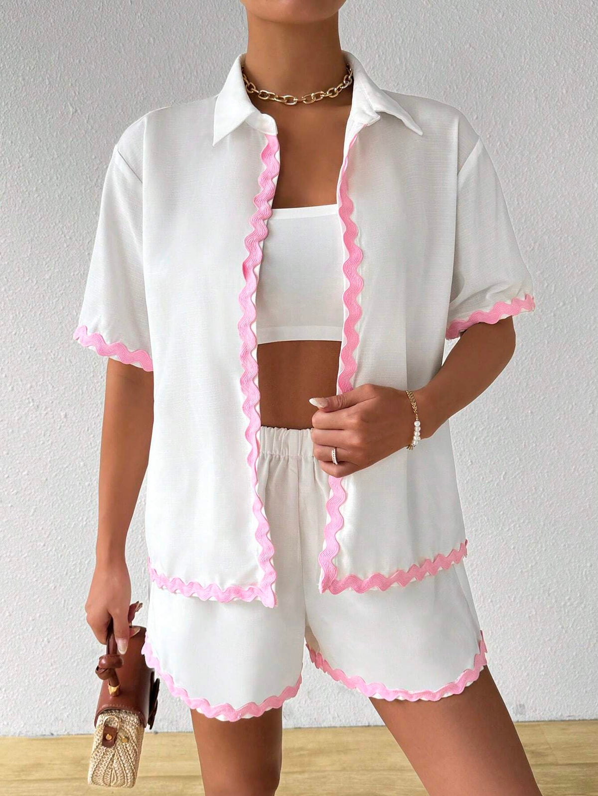 Holiday Casual Color Block Weave Tape Splicing Short Sleeve Shirt Shorts Two-Piece Set