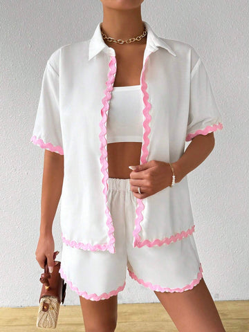 Holiday Casual Color Block Weave Tape Splicing Short Sleeve Shirt Shorts Two-Piece Set