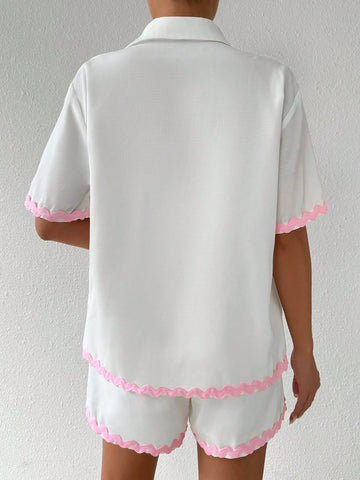 Holiday Casual Color Block Weave Tape Splicing Short Sleeve Shirt Shorts Two-Piece Set