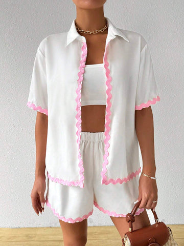 Holiday Casual Color Block Weave Tape Splicing Short Sleeve Shirt Shorts Two-Piece Set