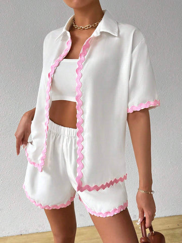 Holiday Casual Color Block Weave Tape Splicing Short Sleeve Shirt Shorts Two-Piece Set