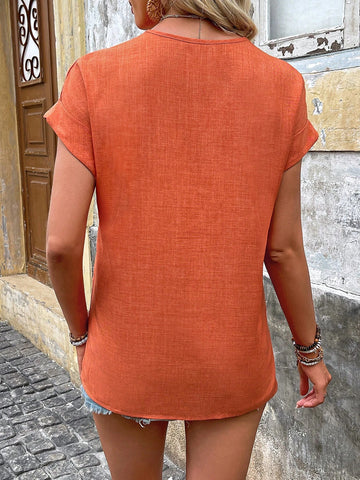 Essnce Holiday Leisure Solid Color Notched Collar Batwing Sleeve Shirt