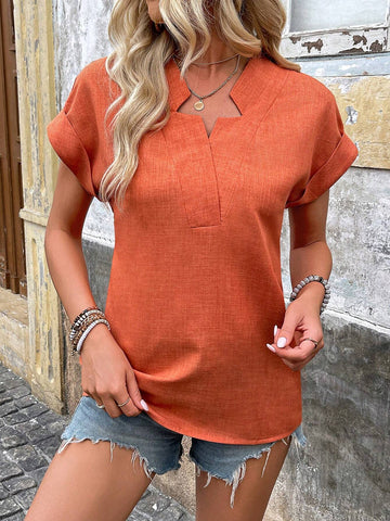 Essnce Holiday Leisure Solid Color Notched Collar Batwing Sleeve Shirt