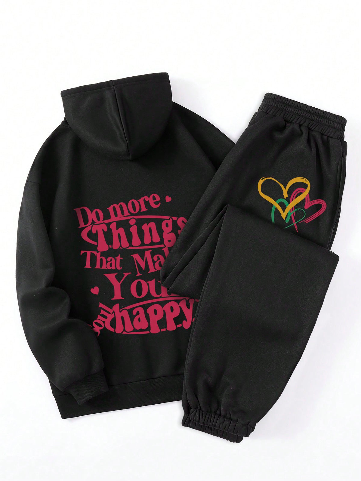 Hooded Sweatshirt And Love Print Thickened Sweatpants Set With Slogan Print