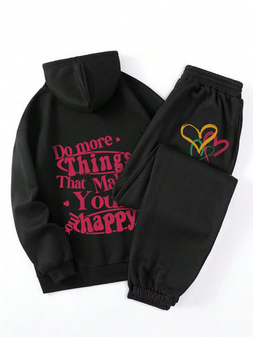 Hooded Sweatshirt And Love Print Thickened Sweatpants Set With Slogan Print