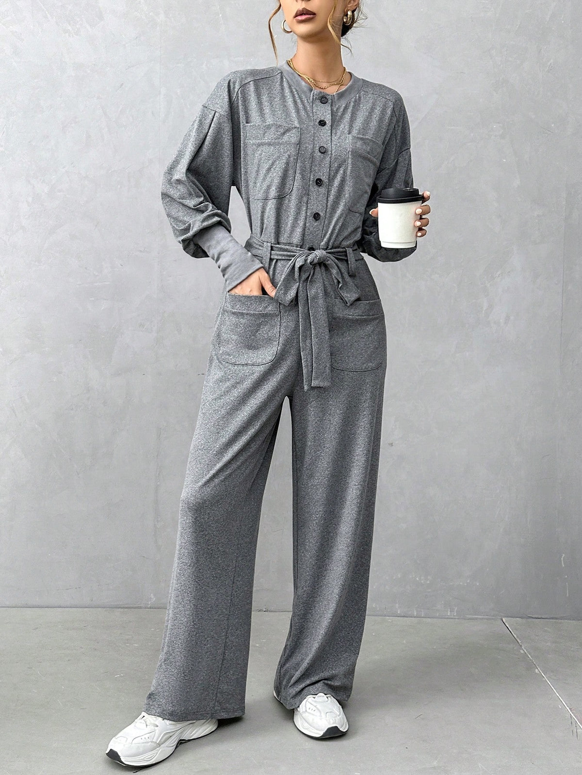 Knitted Casual Jumpsuit With Workwear Design