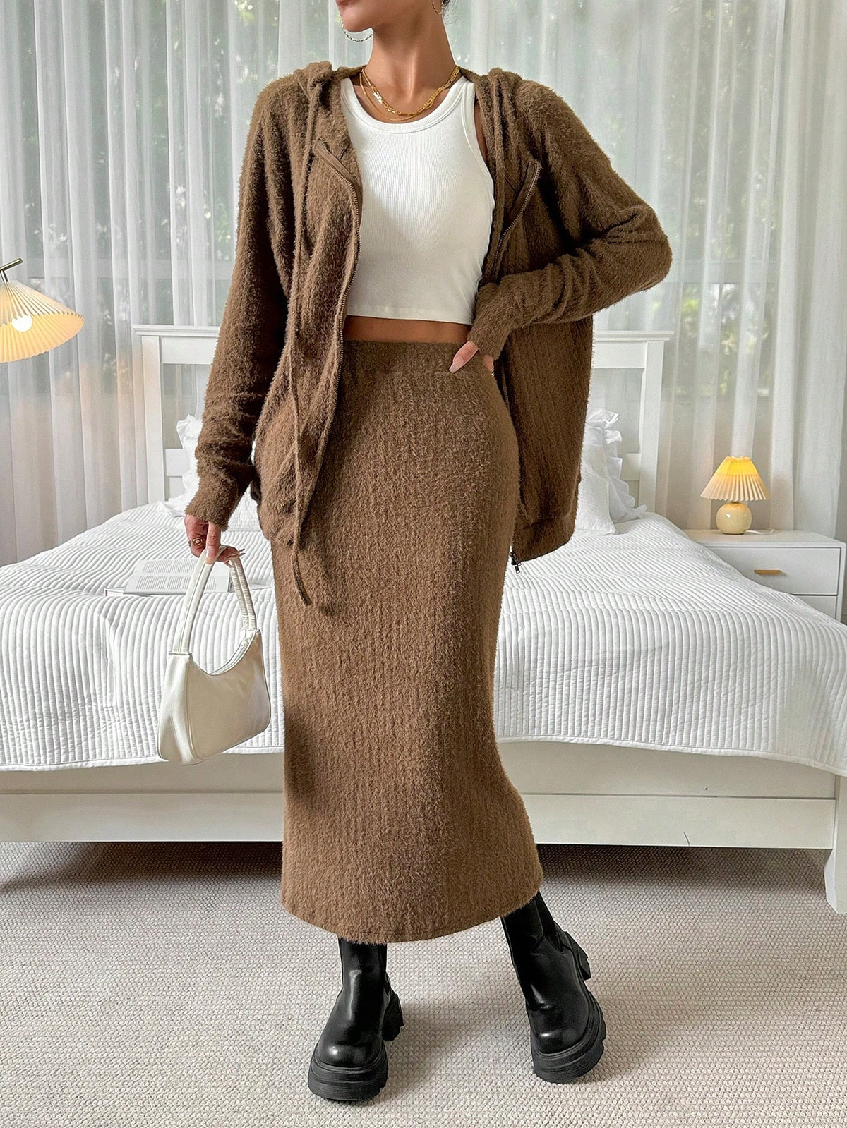 Knitted Plush Zipper Top And Skirt Set