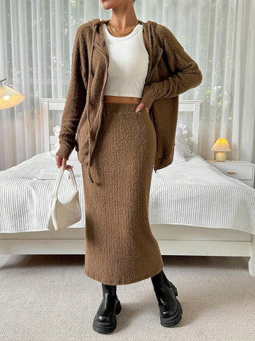 Knitted Plush Zipper Top And Skirt Set