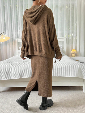 Knitted Plush Zipper Top And Skirt Set