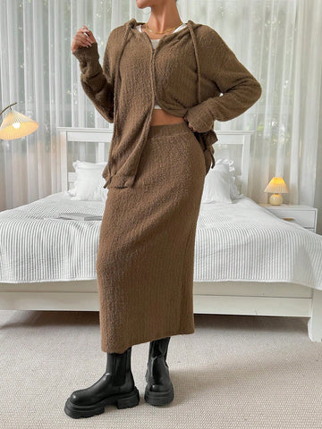 Knitted Plush Zipper Top And Skirt Set