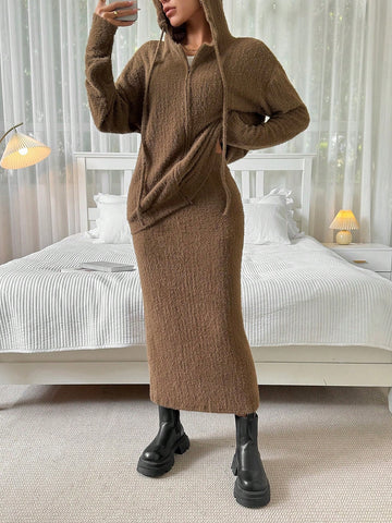 Knitted Plush Zipper Top And Skirt Set