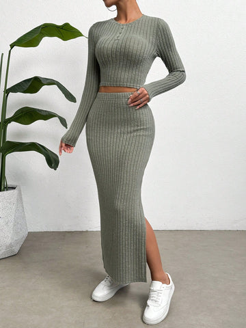 Knitted Solid Color Top, Slit Skirt, Women's Two-piece Set