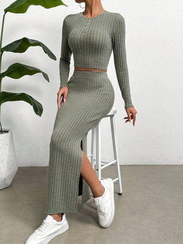 Knitted Solid Color Top, Slit Skirt, Women's Two-piece Set