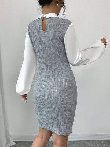 Knitted Textured Patchwork Color Block 2 In 1 Collar Long Sleeve Fitted Women's Dress