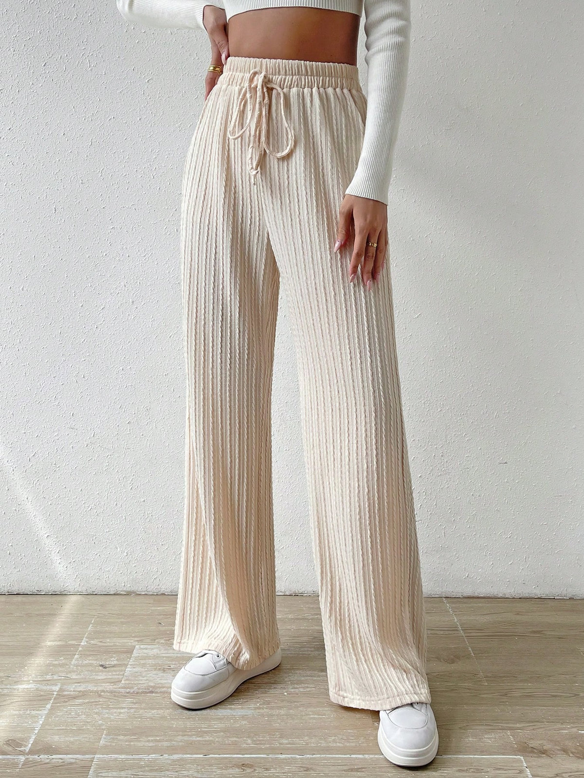 Essnce Knot Waist Textured Knit Wide Leg Pants