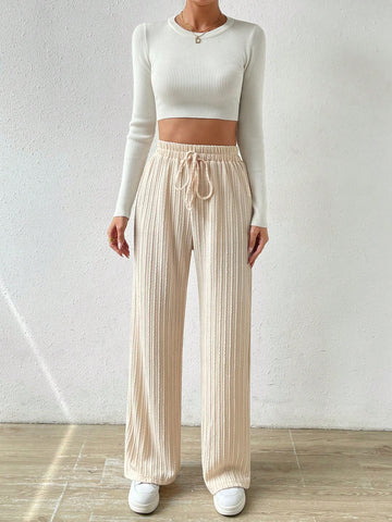 Essnce Knot Waist Textured Knit Wide Leg Pants