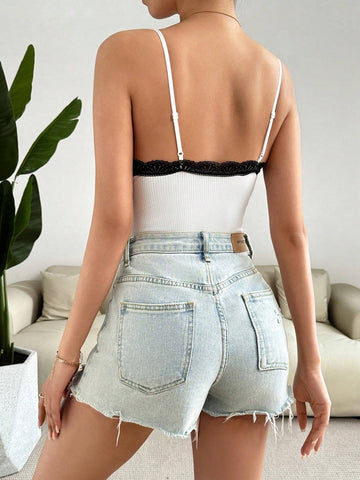 Lace Floral Contrast Color Butterfly Knot Rose Print Women Jumpsuit With Spaghetti Straps