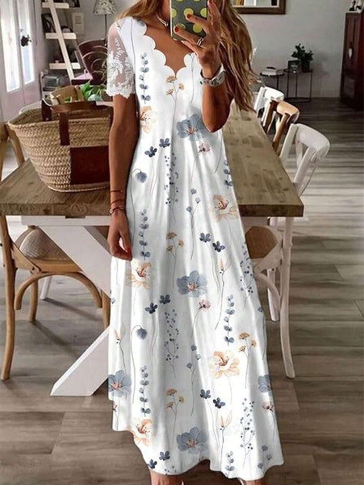 Ladies' Casual Summer Floral Printed Mesh Patchwork Dress