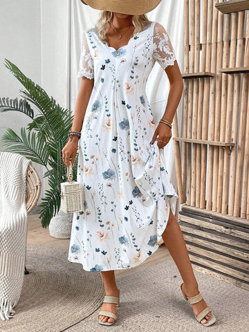 Ladies' Casual Summer Floral Printed Mesh Patchwork Dress