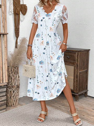 Ladies' Casual Summer Floral Printed Mesh Patchwork Dress