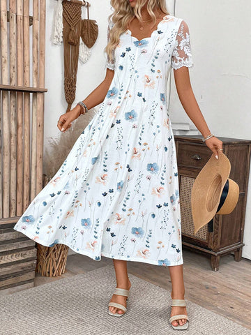 Ladies' Casual Summer Floral Printed Mesh Patchwork Dress