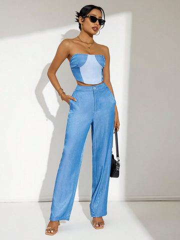Ladies' Color Block Strapless Top And Solid Color Long Pants Two Piece Set