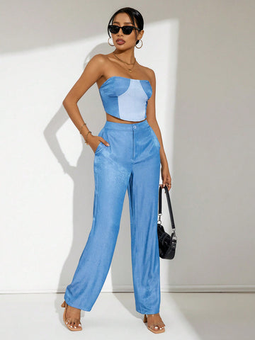 Ladies' Color Block Strapless Top And Solid Color Long Pants Two Piece Set