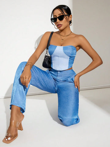 Ladies' Color Block Strapless Top And Solid Color Long Pants Two Piece Set