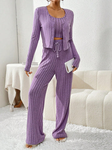 Ladies' Fashionable Purple Ribbed Two-Piece Outfit