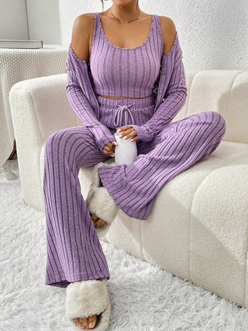 Ladies' Fashionable Purple Ribbed Two-Piece Outfit