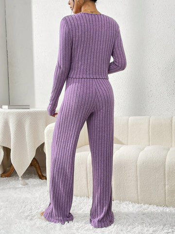 Ladies' Fashionable Purple Ribbed Two-Piece Outfit