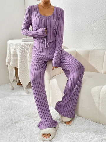 Ladies' Fashionable Purple Ribbed Two-Piece Outfit