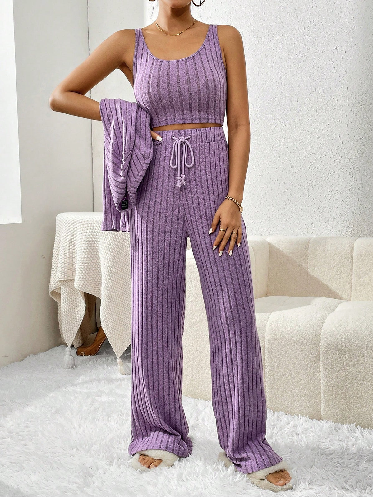 Ladies' Fashionable Purple Ribbed Two-Piece Outfit