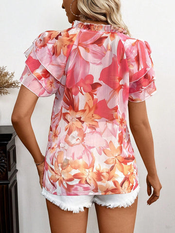 Essnce Ladies' Floral Print Double Layer Ruffle Short Sleeve Shirt With Tie Neck For Vacation