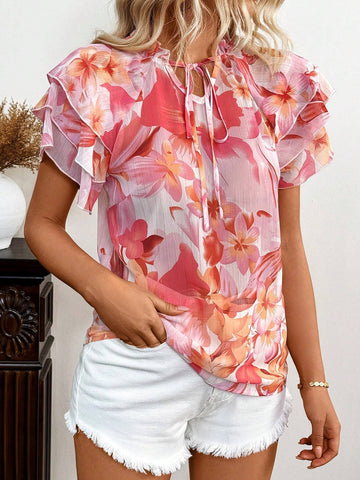 Essnce Ladies' Floral Print Double Layer Ruffle Short Sleeve Shirt With Tie Neck For Vacation