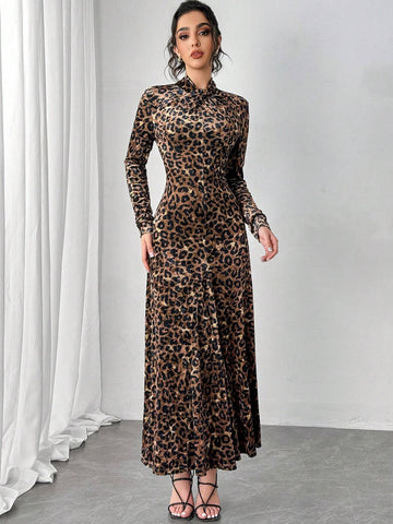 Ladies Leopard Print Long Dress, Autumn