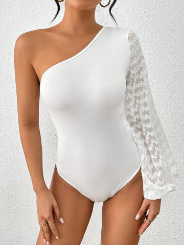 Ladies' Mesh Splice Sleeve One Shoulder Asymmetric Bodysuit #Easter