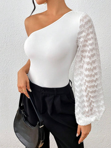 Ladies' Mesh Splice Sleeve One Shoulder Asymmetric Bodysuit #Easter