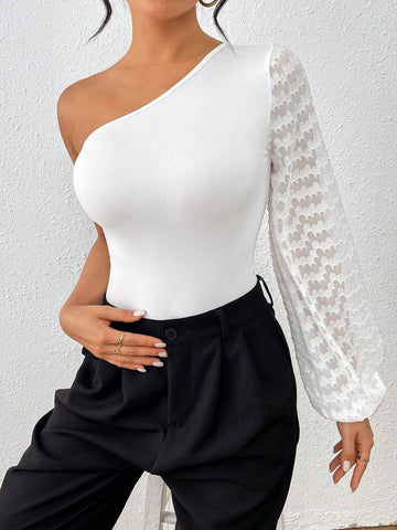 Ladies' Mesh Splice Sleeve One Shoulder Asymmetric Bodysuit #Easter