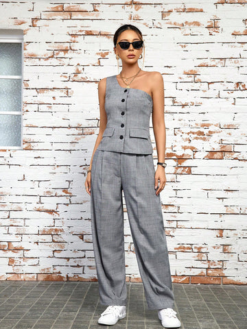 Ladies' Monochrome Asymmetric Shoulder Top With No Sleeves And Pocketed Trousers Two-Piece Set
