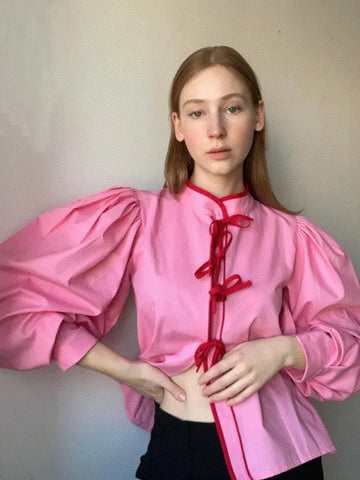 Essnce Ladies' Pink Bow Tie Ribbon Button Down Shirt