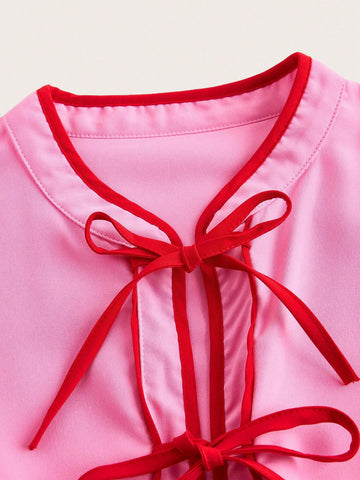Essnce Ladies' Pink Bow Tie Ribbon Button Down Shirt