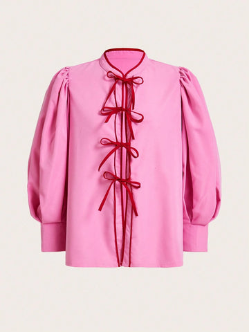 Essnce Ladies' Pink Bow Tie Ribbon Button Down Shirt