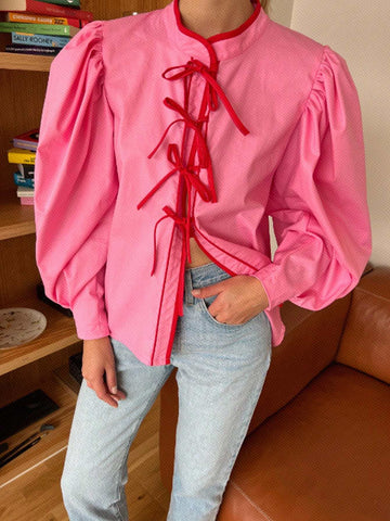 Essnce Ladies' Pink Bow Tie Ribbon Button Down Shirt